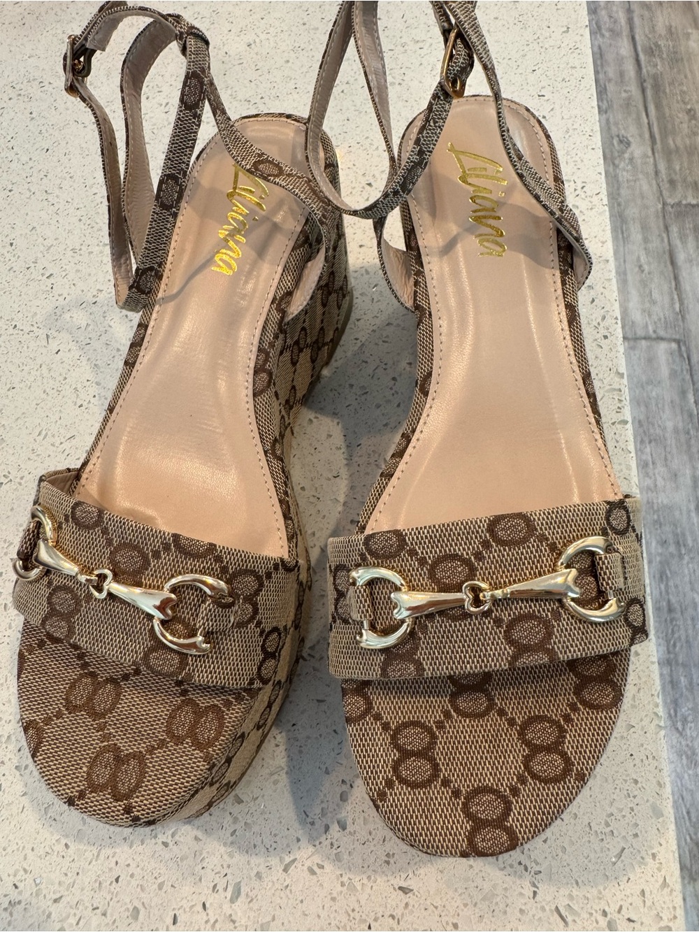 Brown Logo Print Wedge Sandals with Gold Bit